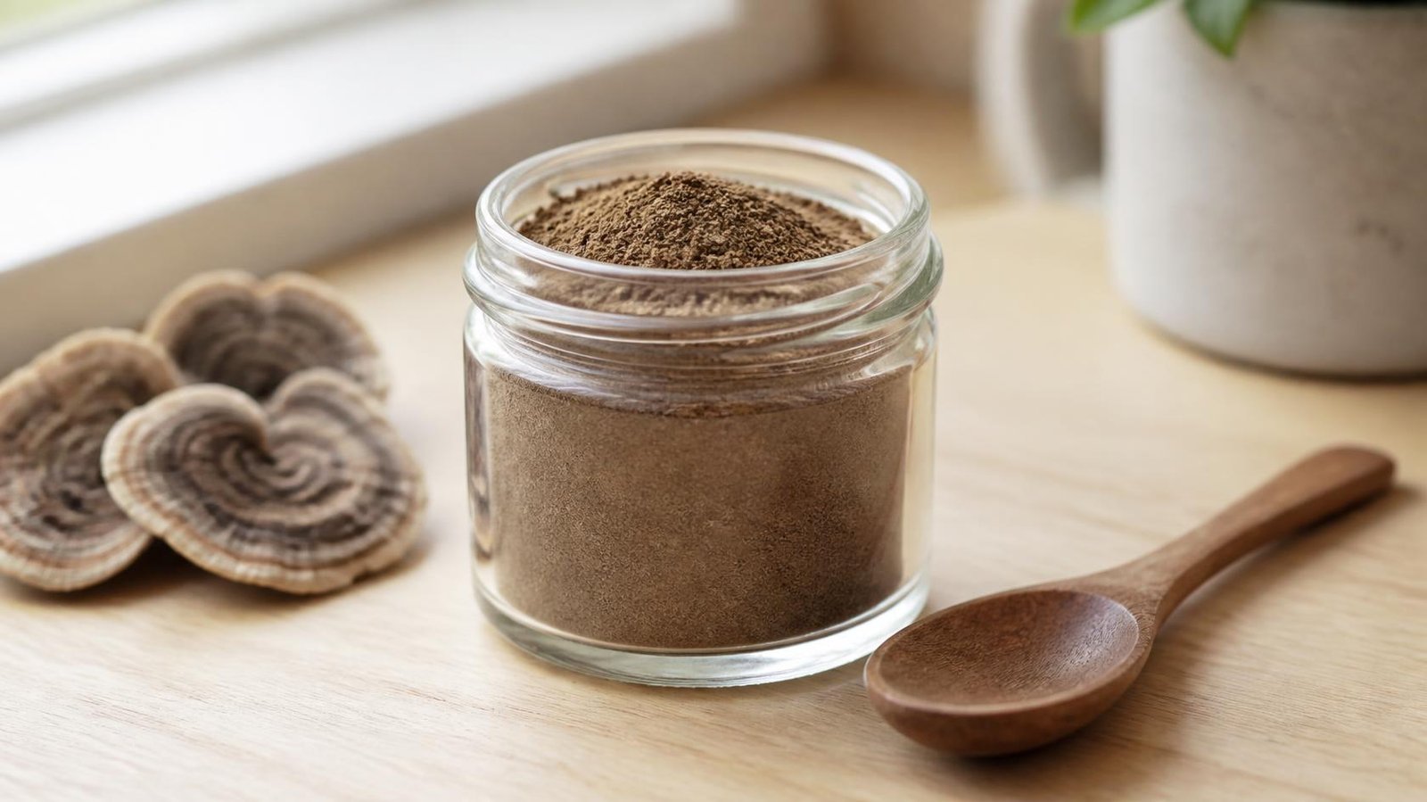 A jar of ground turkey tail mushroom powder with a wooden spoon