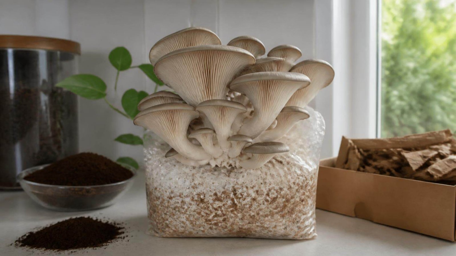 Home 70 Oyster mushrooms growing at home from a small indoor grow bag