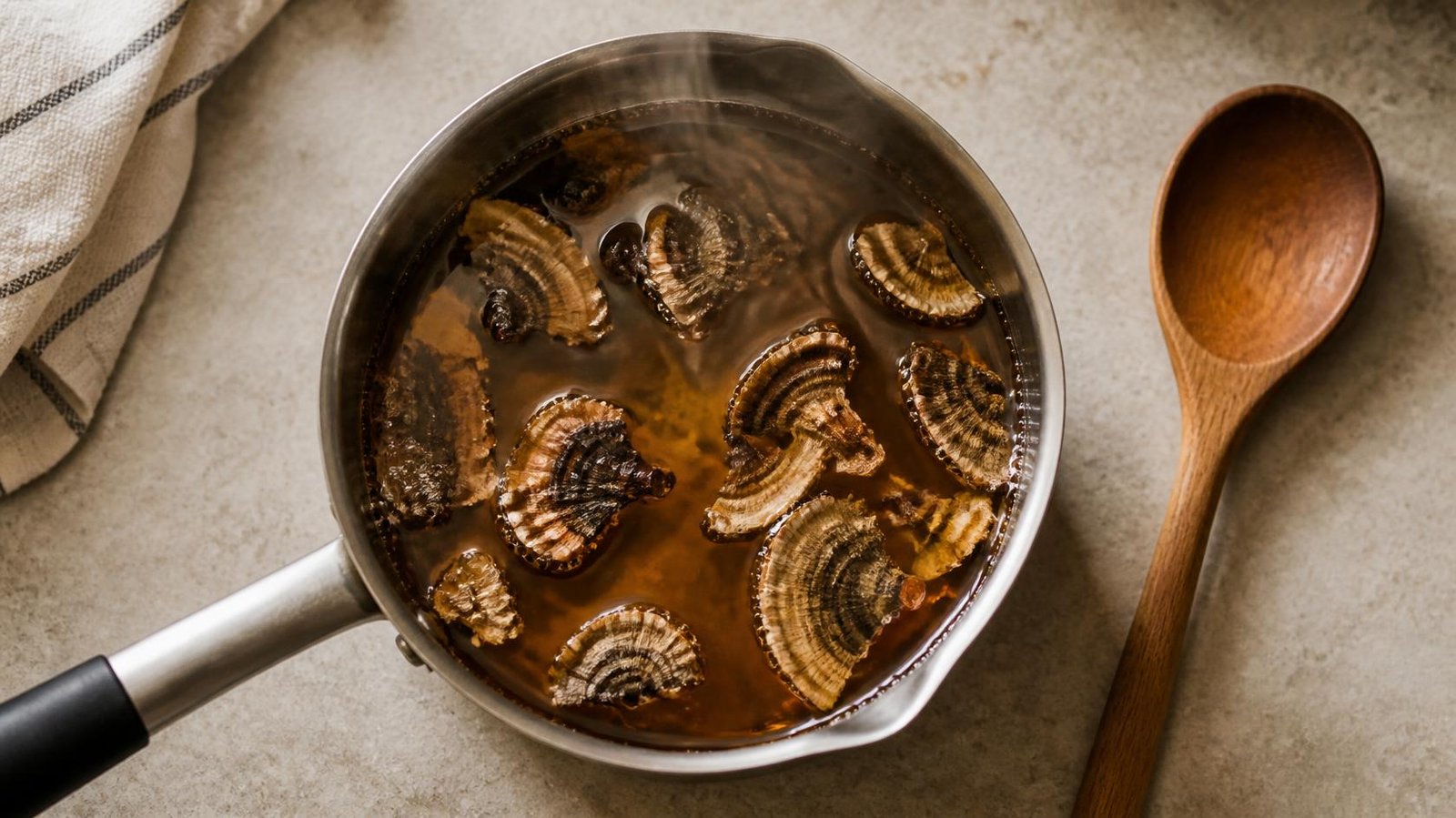 Turkey tail mushroom pieces simmering in a small pot of amber tea