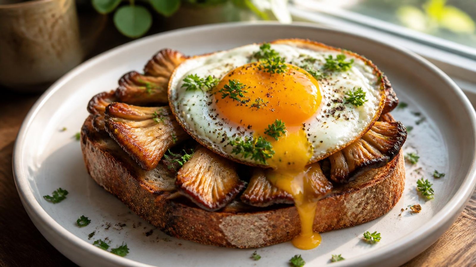 Cooked lion's mane mushroom served on toast