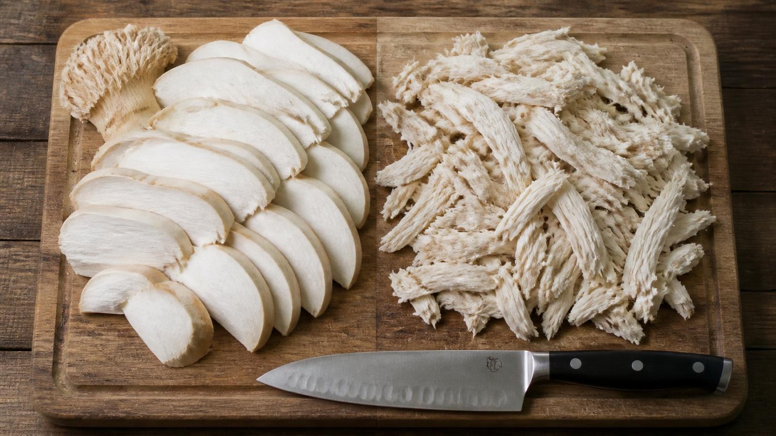 Cutting lion's mane mushroom top to bottom for steaks